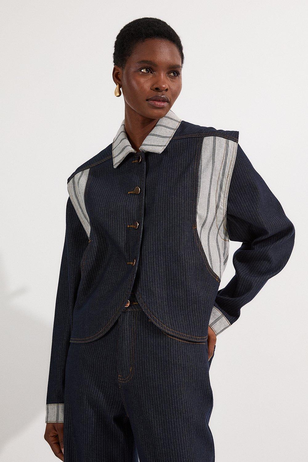 英国【Karen Millen】ストライプデニムボタンスルー ジャケット Stripe Denim Button Through Tailored Jacket | Karen Millen